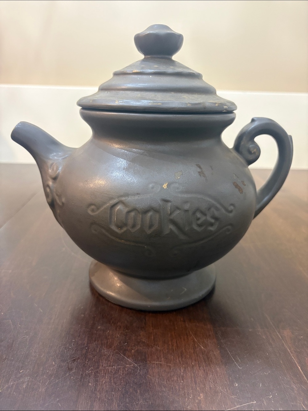 Vintage McCoy Pottery Teapot Cookie Jar Matte Grey Antique Bronze Kookie Kettle